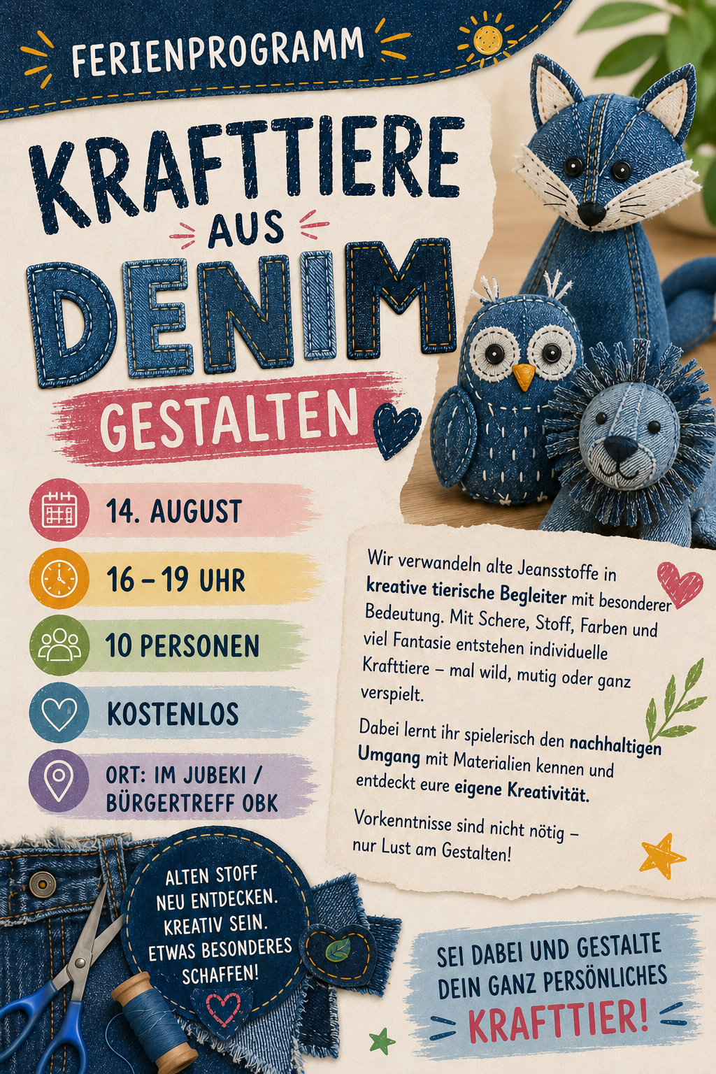 Flyer Krafttiere aus DENIM gestalten, ab 8 Jahren